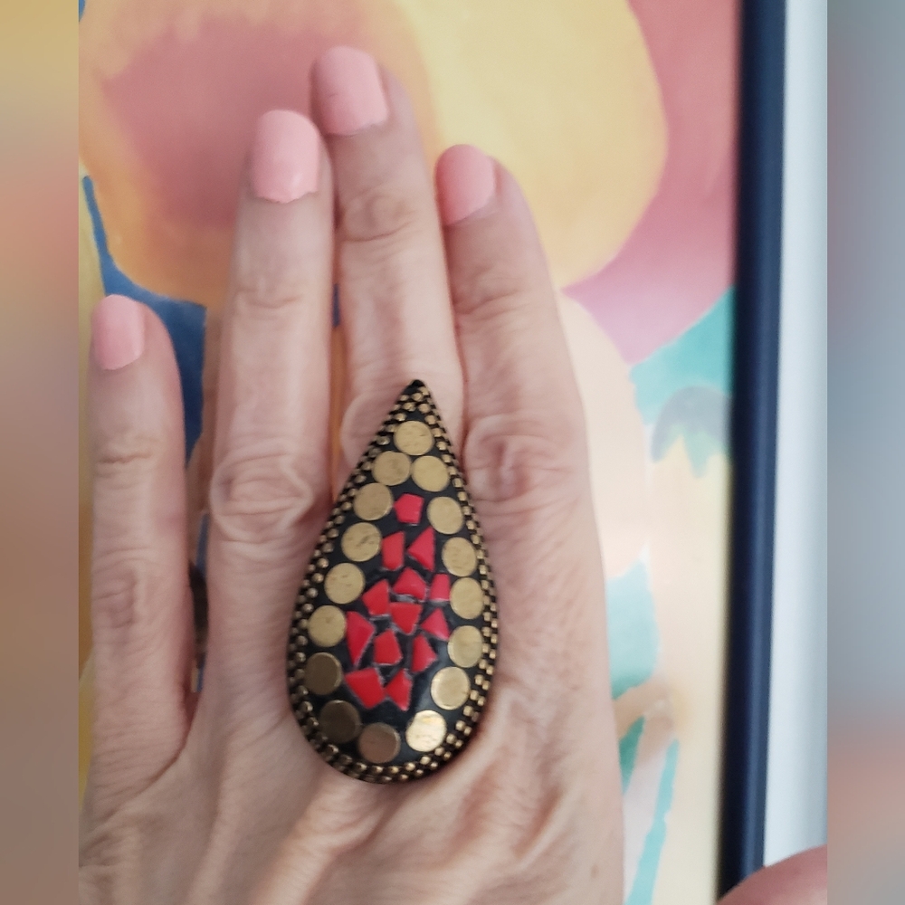 Coral Tiled Ring, Handmade Nepali, Outstanding Artistry, NWOT, Sz 9, Signature!